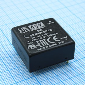 Источник питания DC-DC, 6Вт, вход 24В (9…36В), потребление без/под нагр. 8мА/309мА, выход 5В/1.2А, ёмкостная нагр. макс. 1000мкф, изоляция 1500В DC, в корпусе 25.4х25.4х11.7мм, -40С…+85С | код SKMW06F-05 | MeanWell Источник питания DC-DC, 6Вт, вход 24В (9…36В), потребление без/под нагр. 8мА/309мА, выход 5В/1.2А, ёмкостная нагр. макс. 1000мкф, изоляция 1500В DC, в корпусе 25.4х25.4х11.7мм, -40С…+85С | код SKMW06F-05 | MeanWell
