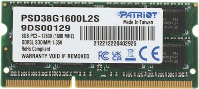 Память DDR3L 8GB 1600MHz Patriot PSD38G1600L2S RTL PC3-12800 CL11 SO-DIMM 204-pin 1.35В dual rank Ret | код 397576 | PATRIOT Память DDR3L 8GB 1600MHz Patriot PSD38G1600L2S RTL PC3-12800 CL11 SO-DIMM 204-pin 1.35В dual rank Ret | код 397576 | PATRIOT