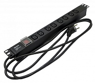 Hyperline SHE19-8IEC-S-2.5EU Блок розеток для 19 шкафов, горизонтальный, 8 розеток IEC320 C13, выключатель с подсветкой, кабель питания 2.5м (3х1.5мм2) с вилкой Schuko 16A, 250В, 482.6x44.4x44.4мм (ШхГхВ), корпус алюминий, черный | код 426780 (0) Бр