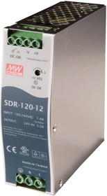 Источник питания AC-DC, 120Вт, вход 88…264V AC, 47…63Гц /124…370В DC, выход 12В/10A (пиковый 15А), рег. вых 12...14В, изоляция 3000В AC, в кожухе на DIN-рейку 40х125,2х113,5мм, -25…+70С | код SDR-120-12 | MeanWell Источник питания AC-DC, 120Вт, вход 88…264V AC, 47…63Гц /124…370В DC, выход 12В/10A (пиковый 15А), рег. вых 12...14В, изоляция 3000В AC, в кожухе на DIN-рейку 40х125,2х113,5мм, -25…+70С | код SDR-120-12 | MeanWell