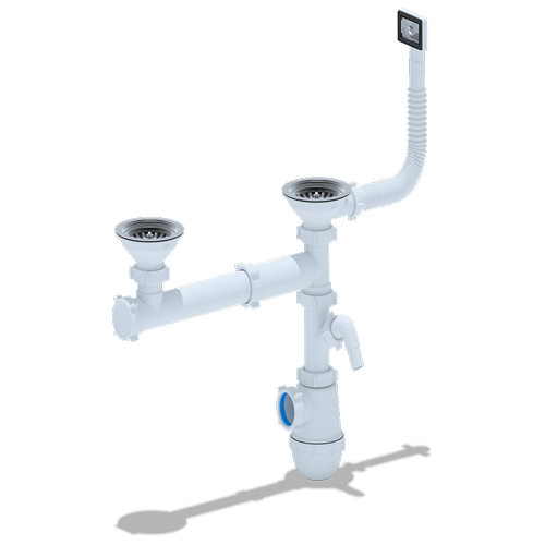 Cифон для мойки АНИ Грот 3 1/2' x 40 двойной одноуровневый смещенный с гибким переливом и отводом стиральной машины | код A7500S | АНИ пласт