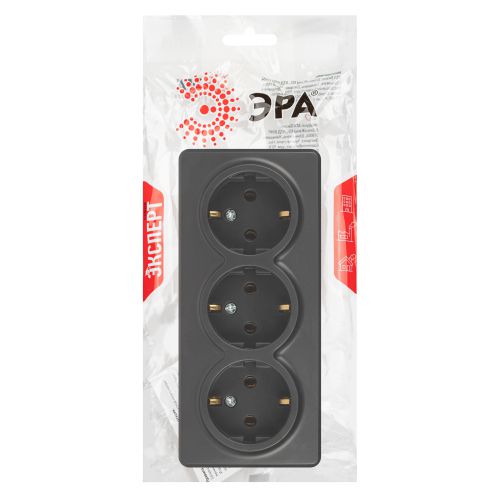 Розетка Эксперт 11-2208-05 тройная с заземлением 3х2P+E Schuko, IP20, 16A-250В, ОУ, антрацит | код Б0063007 | ЭРА