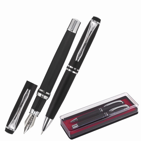 Набор ручек подарочных BRAUBERG Duetto, СИНИЕ, 2 шт: шариковая, перьевая, черный с хромированными деталями | код 143478 | BRAUBERG Набор ручек подарочных BRAUBERG Duetto, СИНИЕ, 2 шт: шариковая, перьевая, черный с хромированными деталями | код 143478 | BRAUBERG