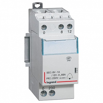Трансформатор для цепей звуковой сигнализации - 230 В/12-8 В  - 0,66-1 А - 8 ВA |  код. 413091 |  Legrand