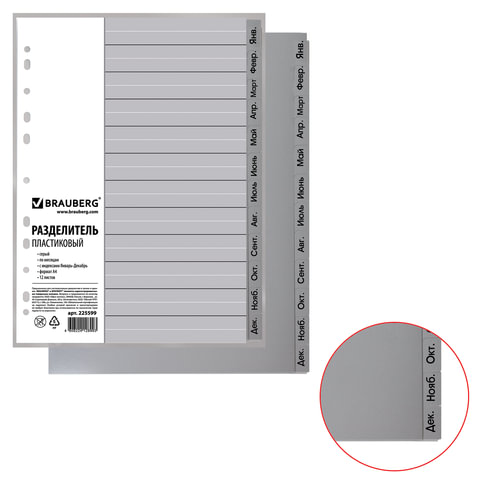Разделитель пластиковый BRAUBERG, А4, 12 листов, Январь-Декабрь, оглавление, серый, РОССИЯ, 225599 | код 225599 | BRAUBERG Разделитель пластиковый BRAUBERG, А4, 12 листов, Январь-Декабрь, оглавление, серый, РОССИЯ, 225599 | код 225599 | BRAUBERG