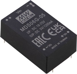 Источник питания DC-DC, 6Вт, вход 24,48В (18…75В) DC, потребление без/под нагр. 10мА/315мА, выход 5В/1200мА, КПД 80%, ёмкостная нагр. макс. 330мкф, изоляция 6000В DC/4200В AC, в корпусе 31.8х20.3х12.2мм, -40…+90С | код MDS06G-05 | MeanWell Источник питания DC-DC, 6Вт, вход 24,48В (18…75В) DC, потребление без/под нагр. 10мА/315мА, выход 5В/1200мА, КПД 80%, ёмкостная нагр. макс. 330мкф, изоляция 6000В DC/4200В AC, в корпусе 31.8х20.3х12.2мм, -40…+90С | код MDS06G-05 | MeanWell