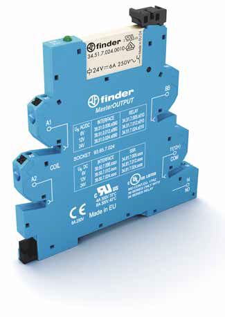 Интерфейсный модуль (сборка 34.51.7.005.0010 + 93.65.7.024), электромеханическое реле, серия MasterOUTPUT, 1NO 6A, питание 6В AC/DC, категория защиты IP20, безвинтовые клеммы Push-in | код 395100060060 | FINDER