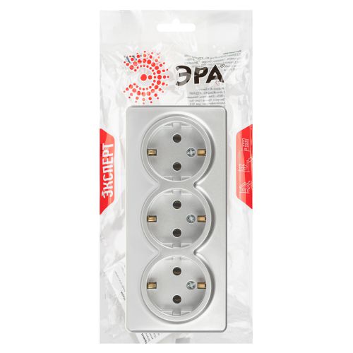 Розетка Эксперт 11-2208-03 тройная с заземлением 3х2P+E Schuko IP20 16A-250В ОУ алюминий | код Б0063010 | ЭРА