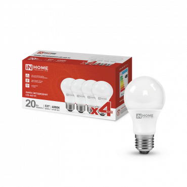 Лампа сд LED-A60-VC 4PACK 20Вт Е27 4000К 1900Лм IN HOME | код 4690612047706 | IN HOME Лампа сд LED-A60-VC 4PACK 20Вт Е27 4000К 1900Лм IN HOME | код 4690612047706 | IN HOME