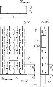 Лоток листовой перфорированный 300х60 L3000 сталь 1мм IKS 630 FS OBO 6087140 Лоток листовой перфорированный 300х60 L3000 сталь 1мм IKS 630 FS OBO 6087140