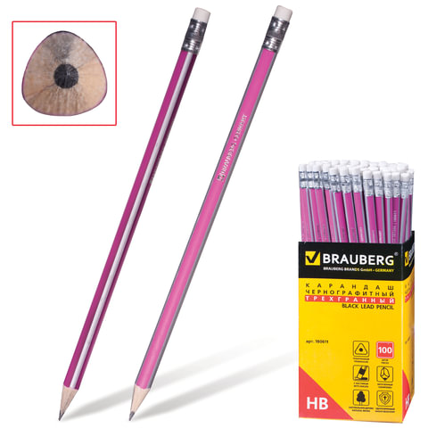 Карандаш чернографитный BRAUBERG, 1 шт., Alderida, НВ, трехгранный, с резинкой, корпус розовый, заточенный, 180611 | код 180611 | BRAUBERG Карандаш чернографитный BRAUBERG, 1 шт., Alderida, НВ, трехгранный, с резинкой, корпус розовый, заточенный, 180611 | код 180611 | BRAUBERG