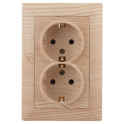 Розетка Intro Solo 4-205-11 с заземлением двойная 2X2P+E Schuko, 16А-250В, IP20, СУ, сосна | код Б0053680 | ЭРА