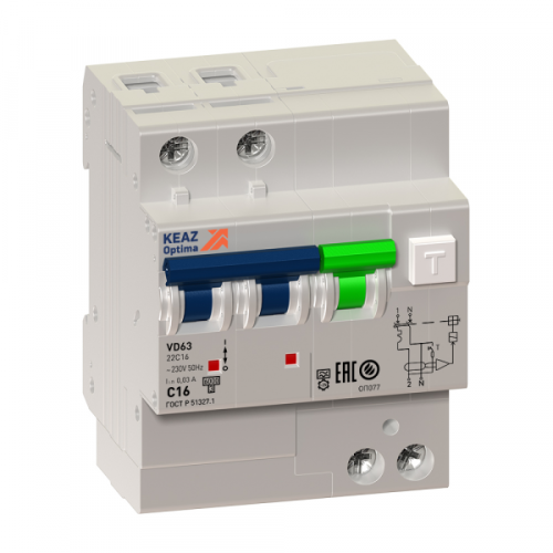 Выключатель автоматический дифференциальный OptiDin VD63-22C16-A-УХЛ4 2п 16А C 30мА тип A | код. 103453 | КЭАЗ 