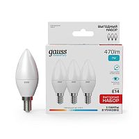 Лампа светодиодная Elementary 7Вт свеча 4100К нейтр. бел. E14 470лм промо (уп.3шт) | код 33127T | GAUSS