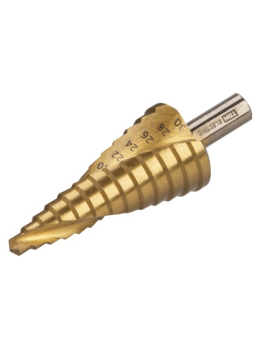 Сверло по металлу ступенчатое, 6-30 мм, 13 ступеней, нитрид., HSS, цилиндр. хв., Рубин TDM | код SQ1090-0715 | TDM