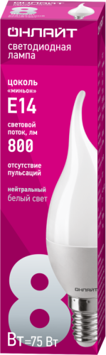 Лампа светодиодная 61 198 OLL-FC37-8-230-4K-E14-FR 8Вт свеча на ветру 4000К нейтр. бел. E14 600лм 220-240В | код 61198 | ОНЛАЙТ