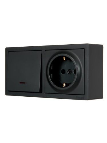 Блок ОП LETO (1-кл. выключатель с индикацией + 1-м розетка с заземл.) горизонт. черн. бархат LEZARD 752-4200-170BIP фото 3 Блок ОП LETO (1-кл. выключатель с индикацией + 1-м розетка с заземл.) горизонт. черн. бархат LEZARD 752-4200-170BIP фото 3