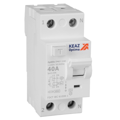 Выключатель дифференциального тока (УЗО) без защиты от сверхтоков 2П 40А 30мА A 4,5кА OptiDin DM63-2240-A-4,5-УХЛ4 | код 343913 | КЭАЗ