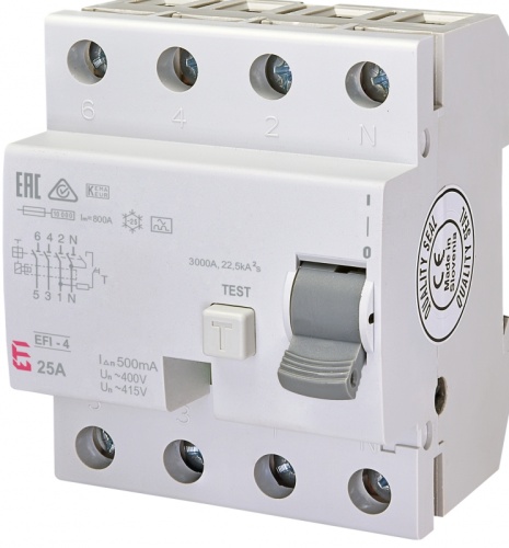 Реле дифференциальное (УЗО) EFI-4 25/0,5 тип A (10kA) | код 002065542 | ETI Реле дифференциальное (УЗО) EFI-4 25/0,5 тип A (10kA) | код 002065542 | ETI