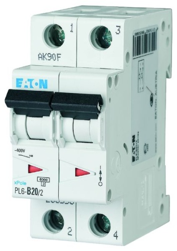 Автоматический выключатель 20А, кривая отключения С, 2 полюса, откл. способность 6 кА, PL6-C20/2 | код 286568 | EATON