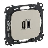 Valena ALLURE.Зарядное устройство с двумя USB-разьемами тип А-тип С 240В/5В 3000мА.С лицевой панелью.Цвет Слоновая кость | код 754966 | Legrand