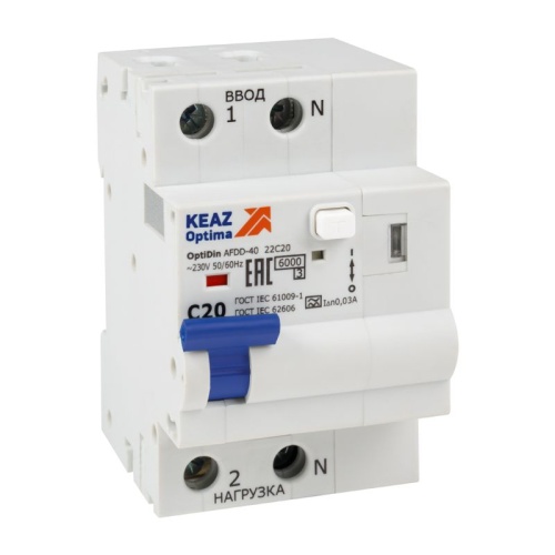 Устройство защиты от дугового пробоя с АВДТ и защ. от пов. напряж. OptiDin AFDD-40-22C20-A-У3 (2P, C20, 30mA, Uоткл 275В) | код 339088 | КЭАЗ Устройство защиты от дугового пробоя с АВДТ и защ. от пов. напряж. OptiDin AFDD-40-22C20-A-У3 (2P, C20, 30mA, Uоткл 275В) | код 339088 | КЭАЗ