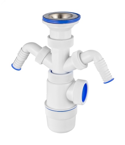 Сифон ЭЛИТ для моек и раковин 1'1/2 x 40 мм с нержавеющей чашкой 70 мм с двойным отводом для стиральной и посудомоечной машины | код 30986144 | VIRPlast