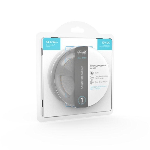 Лента светодиодная LED 2835/120-SMD 14.4 Вт/м 1400 лм/м 4000К DC 12В IP20 8мм (блистер 2м) Basic Gauss | код BT081 | Gauss фото 4