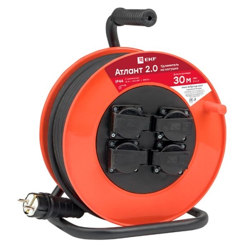 Удлинитель на катушке "Атлант 2,0" 4 гнезда 30м с заземлением ПВС 3*1,5 16А/3,5кВт IP44 PROxima | код UKA02-16-315-4-30-IP44 | EKF фото 2