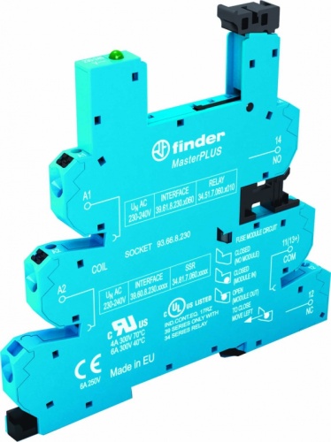 Розетка MasterPLUS с безвинтовыми клеммами Push-in для реле 34 серии, питание 24В DC, в комплекте пластиковая клипса, опции: LED | код 93667024 | FINDER