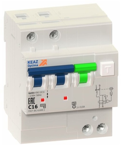 АВДТ с защитой от сверхтоков OptiDin VD63-22C20-A-УХЛ4 (2P, C20, 30mA) 10кА | код 350288 | КЭАЗ