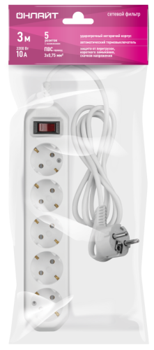 Удлинитель с сетевым фильтром 5х3м 10А IP20 2.2кВт ПВС 3х0.75 с выкл. с инд. сети бел. ОНЛАЙТ 90779 фото 4