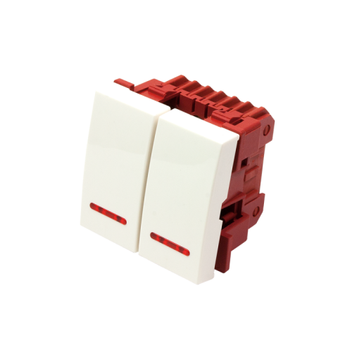 Выключатель двухклавишный с подсветкой, Mosaic 45х45, белый | код LAN-EC45x45-SL22-WH | LANMASTER