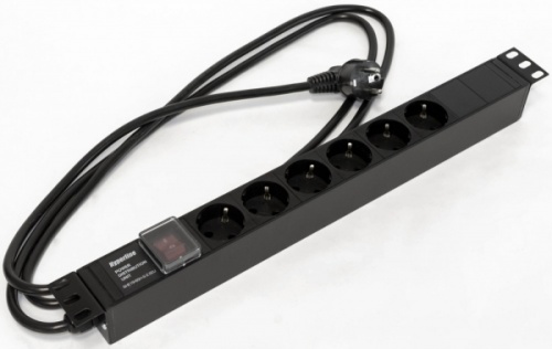 Блок розеток для 19 шкафов горизонтальный с выключателем с подсветкой 6 розеток Schuko (16A) 250В кабель питания 3х1.5мм2 длина 2.5 м с вилкой Schuko 482.6x44.4x44.4мм (ДхШхВ), Hyperline SHE19-6SH-S-2.5EU | код 397030 | Hyperline