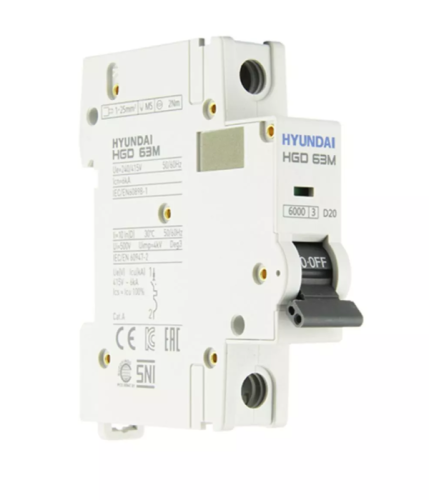 Автоматический выключатель HGD63-M 1PMDS0000C 00020 1 полюс, 20А, ток к.з. 6kA, хар-ка D (STANDARD) | код 13.04.000967 | HYUNDAI Автоматический выключатель HGD63-M 1PMDS0000C 00020 1 полюс, 20А, ток к.з. 6kA, хар-ка D (STANDARD) | код 13.04.000967 | HYUNDAI