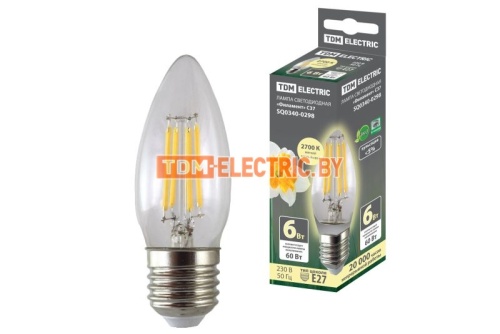 Лампа светодиодная Филамент С37-6 Вт-230 В-2700 К–E27 TDM | код SQ0340-0298 | TDM