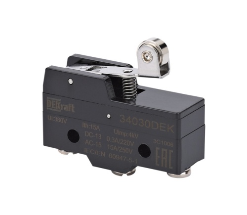 Миниатюрный конц. вык. 1НО1НЗ шарнирного короткого рычажного типа с металлическим роликом | код 34030DEK | DEKraft Миниатюрный конц. вык. 1НО1НЗ шарнирного короткого рычажного типа с металлическим роликом | код 34030DEK | DEKraft