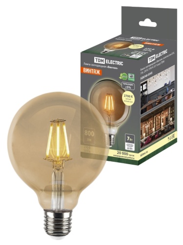 Лампа светодиодная «Винтаж» золотистая G95, 7 Вт, 230 В, 2700 К, E27 (шар) TDM | код SQ0340-0345 | TDM Лампа светодиодная «Винтаж» золотистая G95, 7 Вт, 230 В, 2700 К, E27 (шар) TDM | код SQ0340-0345 | TDM