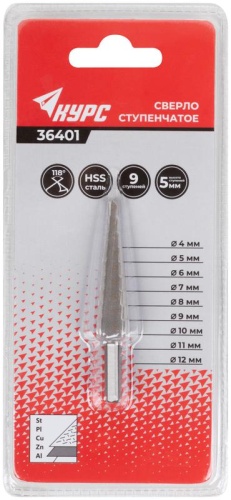 Сверло по металлу ступенчатое 4-12мм 9 ступеней HSS КУРС 36401 фото 3