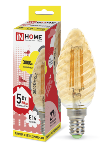 Лампа светодиодная LED-СВЕЧА ВИТАЯ-deco 5Вт 230В Е14 3000К 450Лм золотистая IN HOME | код 4690612007199 | IN HOME