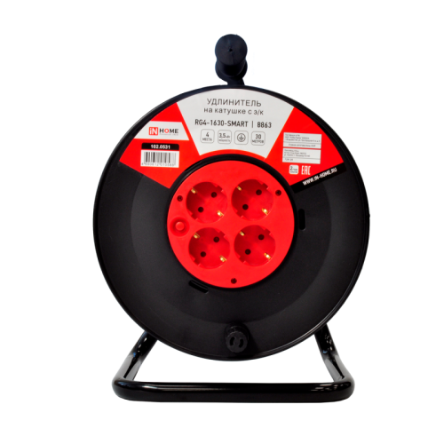Удлинитель на катушке RG4-1630-SMART с термозащитой четырехместный с заземлением 16А 30м 8863 IN HOME | код 4690612010588 | IN HOME Удлинитель на катушке RG4-1630-SMART с термозащитой четырехместный с заземлением 16А 30м 8863 IN HOME | код 4690612010588 | IN HOME
