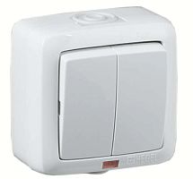 Выключатель двухклавишный наружный с индикацией белый IP44 16А | код ВА16-252 | HEGEL