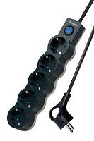 Удлинитель 5х1.5м ПВС 3х0.75 с защ. шторк. с заземл. IP20 с выкл. 220В 10А 2200Вт черн. | код YKsm1.5m-5g-Z-V10A-B | КОСМОС