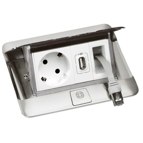 Выдвижной блок в стол, с комплектом для монтажа, 4 модуля, цвет нержавеющая сталь, для монтажа ЭУИ | код 654000 | Legrand