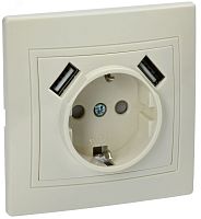 KVARTA Роз. 1ая с з/к РЮш10-1-ККм 16А USBх2 2,1А крем. | код KV-R14-16-U2-K33 | IEK