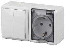 Блок розетка+выключатель двойной IP54, 16A(10AX)-250В, ОУ, Эра Эксперт, белый, 11-7402-01 | код Б0020735 | ЭРА