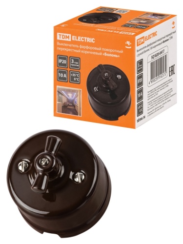 Выключатель фарфоровый поворотный перекрёстный с ручкой (бантик) 10А коричневый «Болонь» TDM | код SQ1820-0417 | TDM