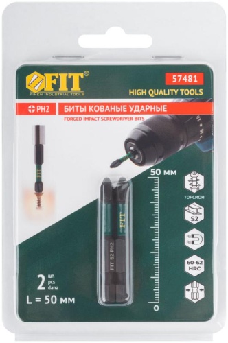 Биты кованые ударные, сталь S2, односторонние 50 мм PH2, Профи 2 шт., блистер | код 57481 | FIT фото 3