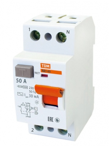 Выключатель дифференциальный (УЗО) ВД1-63 2п 50А 30мА тип AC | код. SQ0203-0016 | TDM