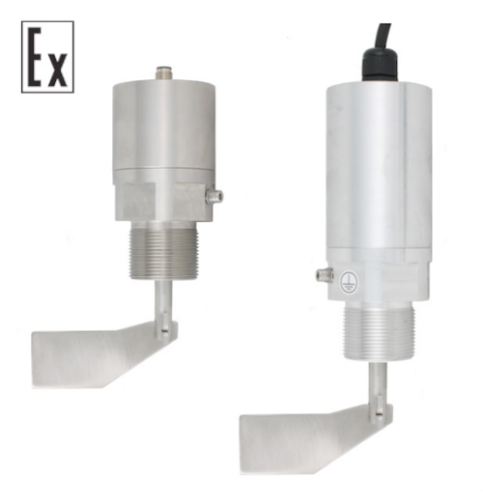 Механический ротационный датчик предельного уровня сыпучих материалов в корпусе из нерж. стали, -50 +80 С, Рmax=10 bar, 24 VDC, IP66, вибростойкость до 29g, лопасть складная двусторонняя 28х200 мм, нерж. сталь, скорость вращения 15 об/мин, соединение- рез